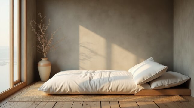 A small cozy sleeping nook featuring a simple white futon bed on a traditional tatami mat floor