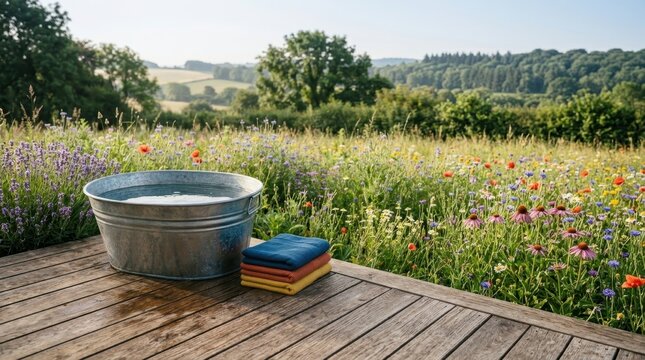 a graphic composition featuring the galvanized cold plunge tub and vibrant towels arranged on the wooden deck, with generous negative space created by surrounding meadow