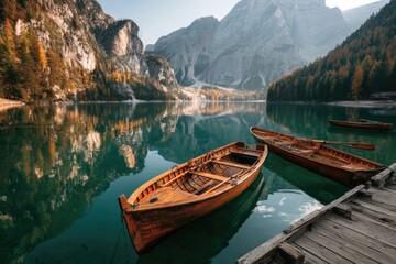 Obraz premium Serene Wooden Boats on a Crystal Clear Alpine Lake Surrounded by Majestic Mountains.