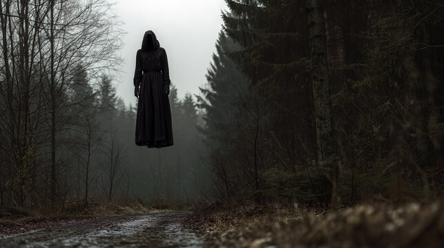 A horror concpet of a spooky ghost like woman floating above a path in a bleak winters forest.