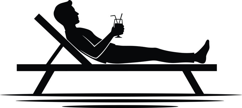 Side View Silhouette of a Relaxed Man Reclining on a Beach Deck Chair While Holding a Summer Cocktail Drink Isolated on White Background