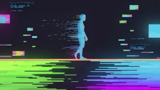 Silhouetted figure on flickering pixelated line &ndash; Great for cyber security, digital life, or systemic failure themes.