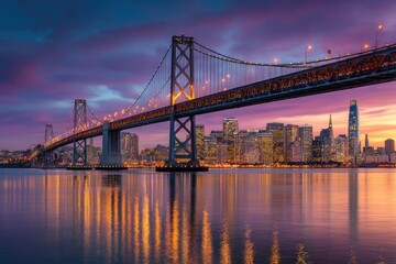 Fototapeta premium San Francisco Bay Bridge at Sunset with City Skyline Reflection.