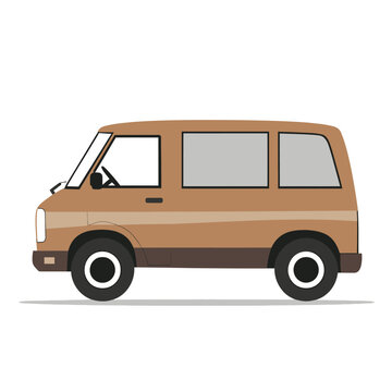 A side view of a brown cartoon van with black tires, windows, and a dark shadow