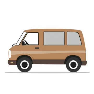 A side view of a brown cartoon van with black tires, windows, and a dark shadow