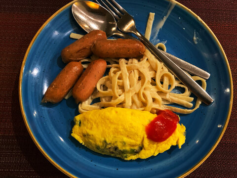 Breakfast Plate With Sausages and Omelet
