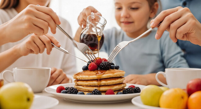 Family eating pancakes, pouring syrup on fluffy stack, berries. Parents and child enjoying, family eating pancakes, raspberries, blueberries. Family eating pancakes for breakfast ads, food blogs.
