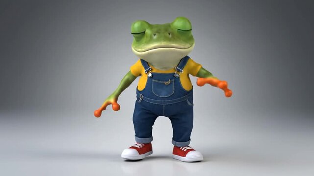 Cute 3D Frog Character in Denim Overalls Standing Proudly on Gray.