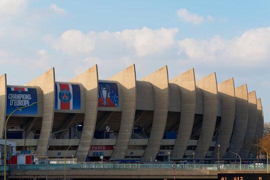 Paris, France - March 22, 2016 : Backside view of the Paris grandstand of the Parc des Princes stadium, built in 1972 and home stadium of Paris Saint-Germain (PSG) football club.