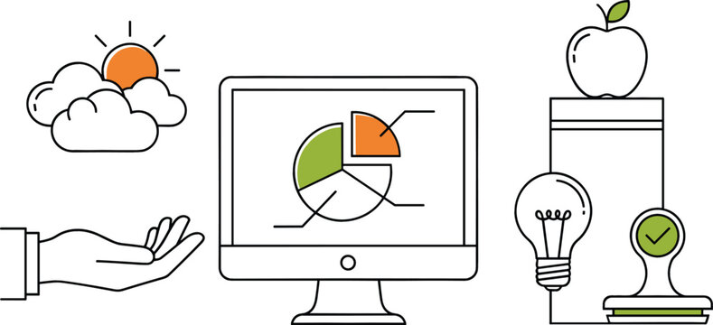 Business growth and education concept with analytics chart on computer, helping hand, light bulb idea and books with apple, modern outline vector illustration