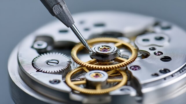 Precision watchmaker tools repair the intricate mechanical movement inside a timepiece.