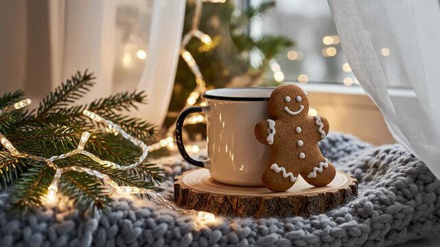 White ceramic mug with black trim on a rustic wooden coaster, featuring a gingerbread man cookie, arranged on a gray chunky knit blanket with spruce branches and warm fairy lights.