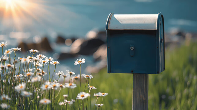 Blue mailbox coastal cliff wildflower sunlight summer outdoor nature grass daisy peaceful scene with soft focus background