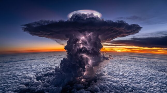 A thunderstorm cell photographed from above the cloud canopy at cruising altitude, the anvil-shaped cumulonimbus tower erupting above a flat white cloud deck, lightning branching