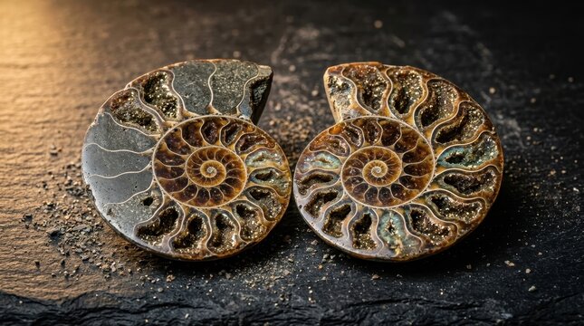 A fossilized ammonite specimen split open to reveal its perfect logarithmic spiral chamber structure, the interior surface mineralized in iridescent pyrite and calcite showing