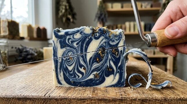 A macro photograph of artisan cold process soap being cut with a wire cutter, the blade passing through revealing the interior swirl pattern frozen in the saponified oils, a