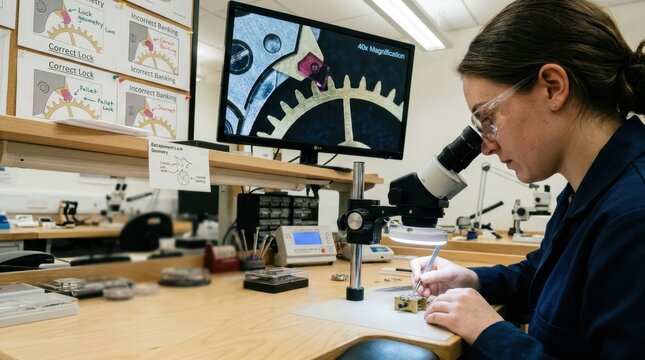 A precision horology student practices escapement adjustment under a stereo microscope, fine tweezers positioning a pallet stone against an escape wheel tooth, the microscope