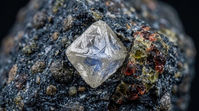 A macro photograph of a raw diamond octahedron crystal in its kimberlite host matrix, the natural crystal faces showing trigon growth etch features as triangular depressions