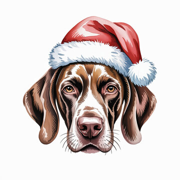A German Shorthaired Pointer watercolor-style illustration, showcasing a friendly GSP head wearing a festive red Santa hat, perfect for holiday greetings and winter cheer