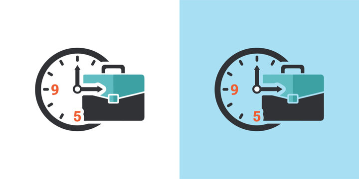 Essential business schedule icon with clock hands indicating 9 to 5, paired with a classic briefcase, illustrating standard work hours, office routine, and professional commitments