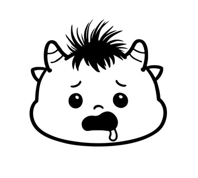 Stunned sick little monster drooling with exhaustion, monochrome line art