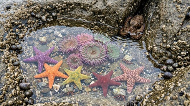 A tide pool at extreme low tide reveals a miniature ecosystem, sea stars in five colors arranged around a central anemone colony with tentacles fully extended, hermit crabs