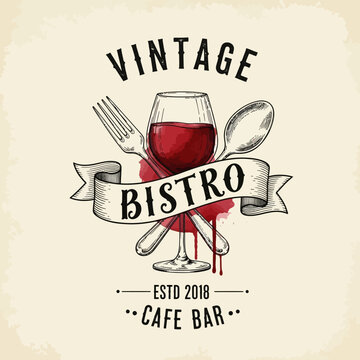 A vintage bistro logo featuring a wine glass, fork, spoon, and ribbon with the text "BISTRO" and "ESTD 2018 CAFE BAR" on a textured background.