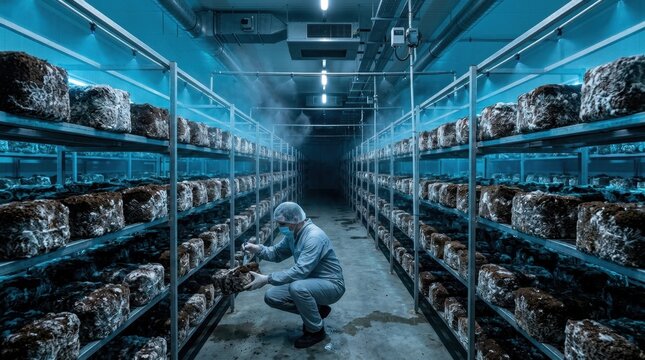 A large-scale mycelium cultivation facility interior, acres of substrate blocks in long rows under dim blue light, white fungal mycelium threads visibly colonizing each block in a