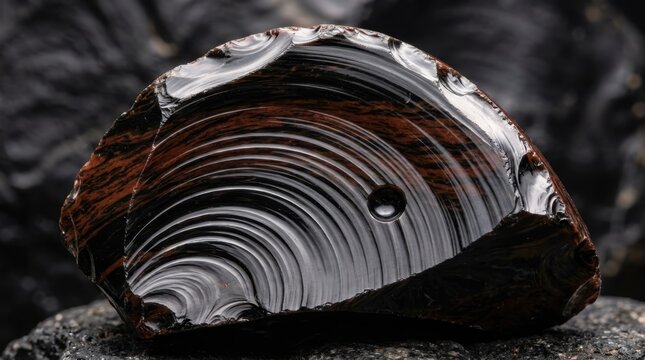 A macro photograph of a freshly broken piece of obsidian volcanic glass showing its conchoidal fracture surface, the fracture radiating outward from the percussion point in precise