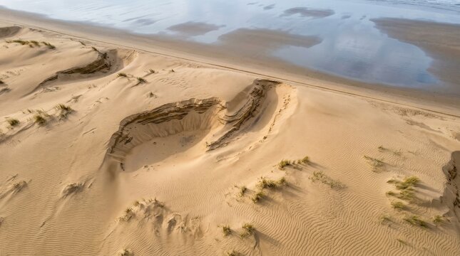 A stunning aerial view of a coastal sand dune system at low tide, wind ripple patterns on the dune surfaces creating fine parallel texture extending across the frame, blowout