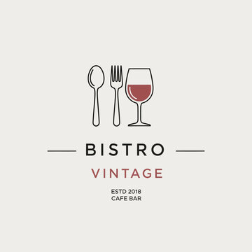 Minimalist logo design for "Bistro Vintage" featuring a spoon, fork, and a glass of red wine, with establishment details.