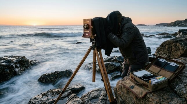 A large-format film photographer sets up an antique wooden field camera on a rocky shoreline at dawn, the dark cloth draped over the camera and the photographer's head as they