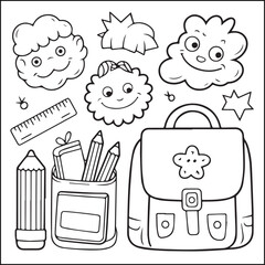 Fototapeta premium Cute cartoon school supplies and smiling clouds for kids