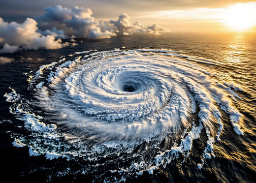 An aerial view of a huge ocean vortex at sunset, with dramatic clouds and warm sunlight