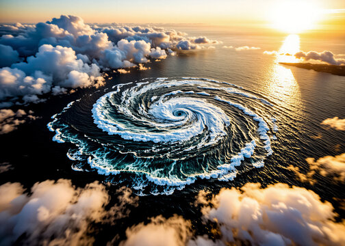 An aerial view of a huge ocean vortex at sunset, with dramatic clouds and warm sunlight