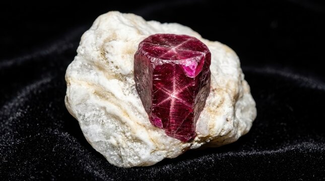 A macro photograph of a raw ruby crystal embedded in its host marble matrix, the hexagonal prism of the corundum crystal catching light on its natural faces in deep crimson and