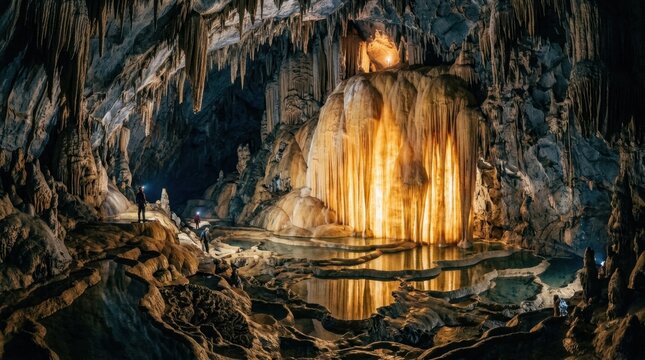 An extreme wide-angle photograph inside a massive limestone karst cave, a frozen underground waterfall of flowstone draped over a cliff face fifty meters high, translucent