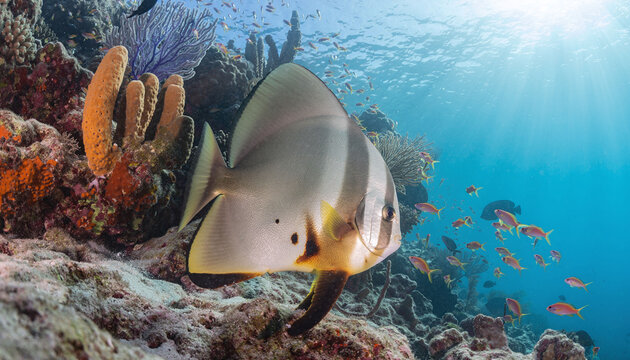 A majestic batfish glides gracefully through a vibrant coral reef, illuminated by ethereal sunbeams. This pristine underwater scene captures the essence of marine biodiversity and beauty.