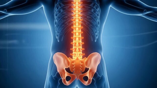 Lumbar spine and pelvic girdle x-ray highlighted in glowing orange