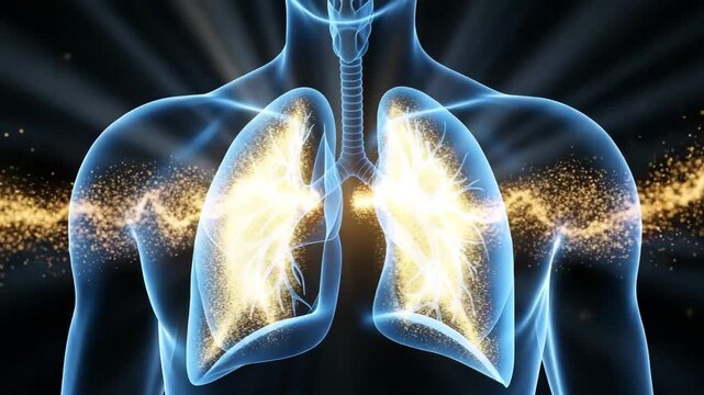 Human lungs highlighted in bright golden yellow indicating respiratory function