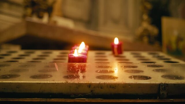 Candles On The Marble Of The Cathedral Burining With Intensity