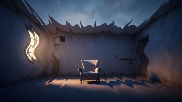 Surreal dreamscape an empty armchair rests in a dramatically warped, abstract room, illuminated by a wavy window, conveying solitude and a sense of eerie mystery