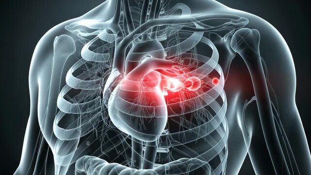 Detailed human heart x-ray showing cardiac structure and red glowing core
