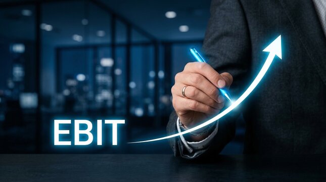 Businessman drawing EBIT growth chart with glowing blue arrow