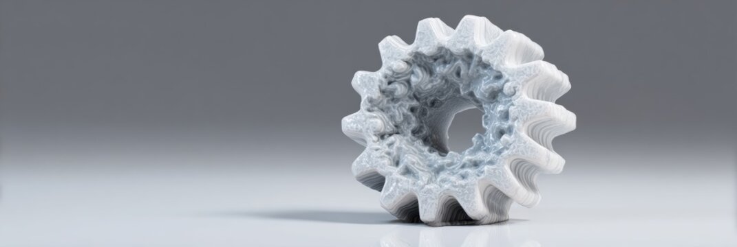 A large gear wheel is displayed with detailed teeth in metallic grey clay, illuminated by a single spotlight, set against a white background.