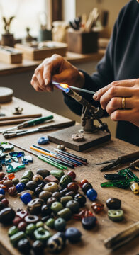 Dedicated Hands Crafting Unique Glass Beads with Flame in a Workshop