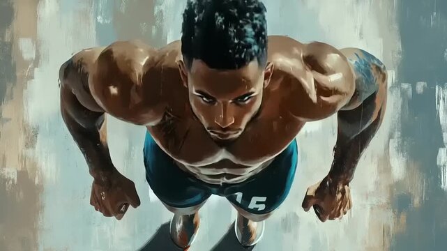 Muscular man performing push-ups with intense focus and determination.