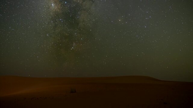 Full frame camera making time lapse of night Stars milky way moving over night sky in empty desert sand dune in the winter.