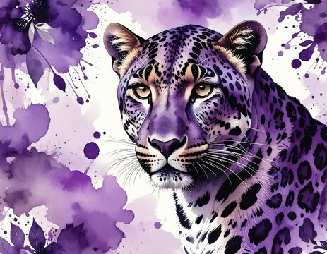 Majestic Purple Leopard Staring Intently Amidst Watercolor Splashes.