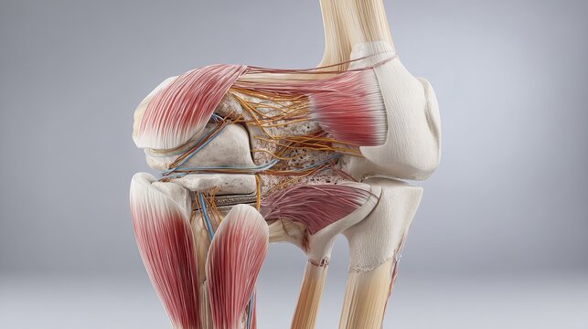 A detailed anatomical model of the human knee joint showcasing muscles, bones, and tendons in a medical or educational context.